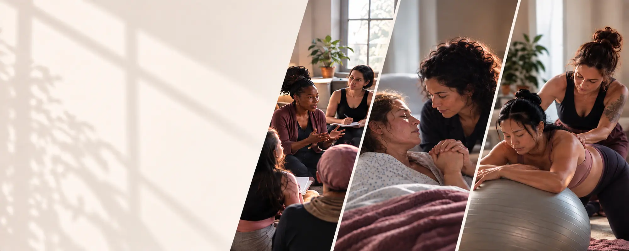 Birth professionals learning, supporting a laboring client, and practicing hands-on birth support